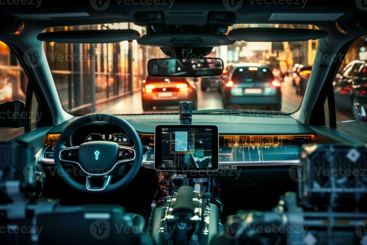 Shot of the self-driving car's sensors and cameras, highlighting the advanced technology that enables autonomous driving. Concept precision and accuracy in self-driving car technology. Generative AI photo