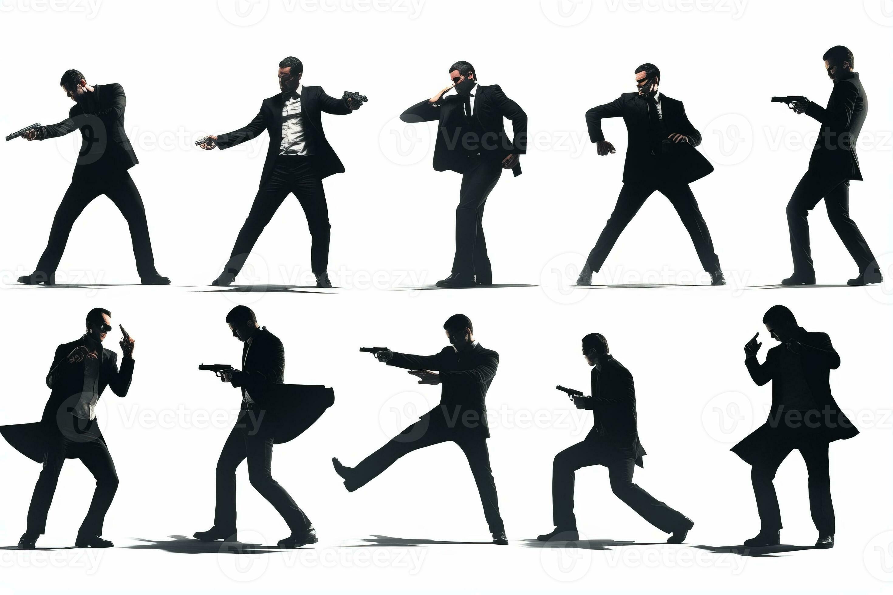 A composite illustration featuring a secret agent in multiple action