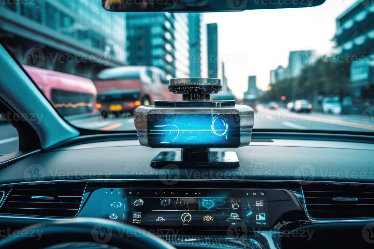 Shot of the self-driving car's sensors and cameras, highlighting the advanced technology that enables autonomous driving. Concept precision and accuracy in self-driving car technology. Generative AI photo