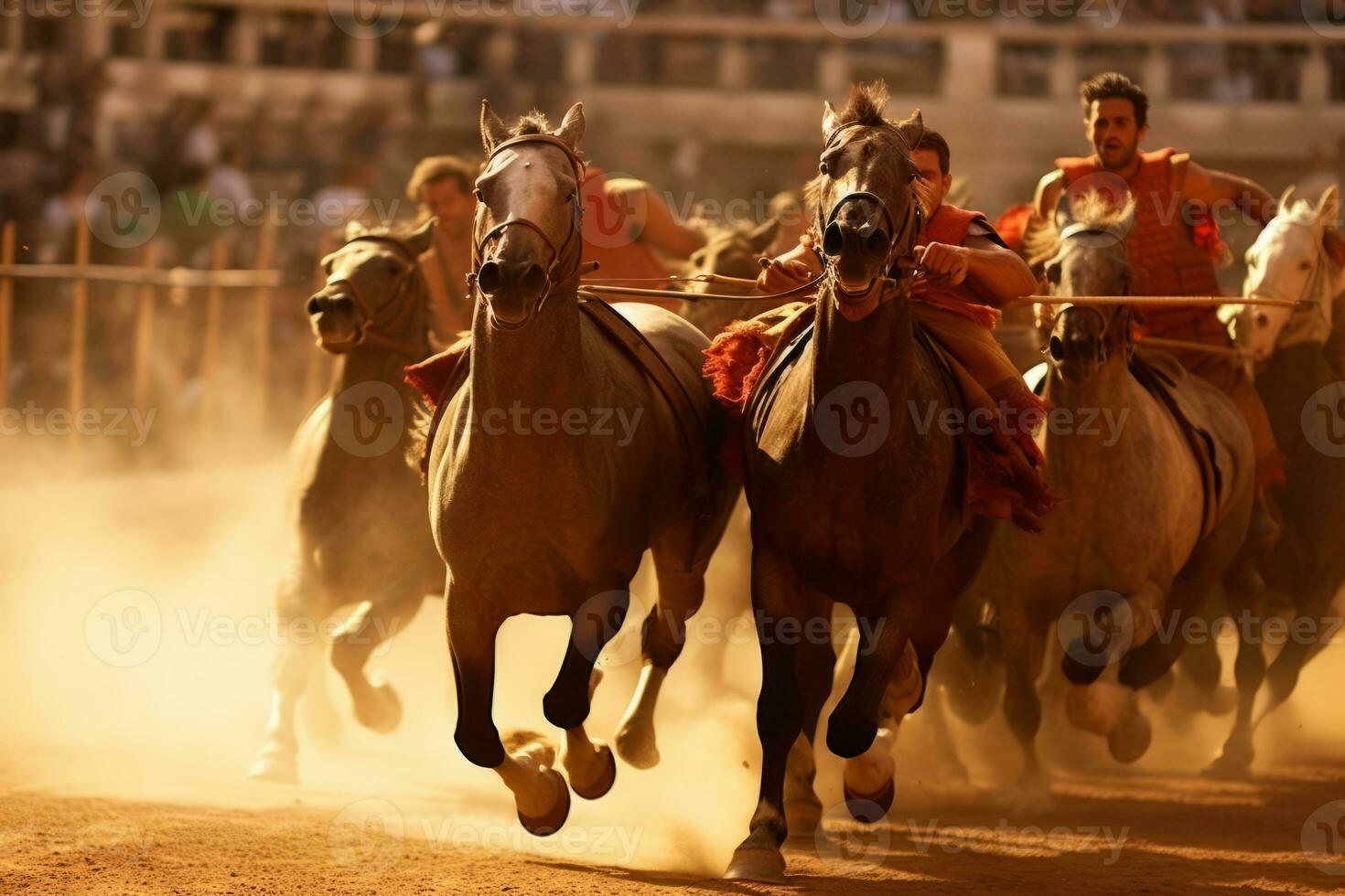 A composition featuring a Roman chariot race in action, capturing the speed, agility, and excitement of ancient Roman sports. Generative Ai photo