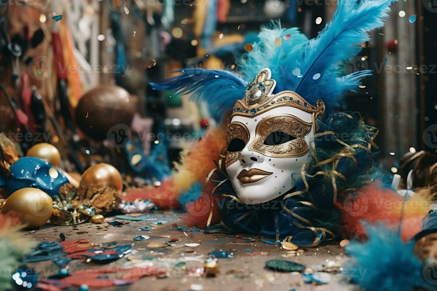 presentando veneciano carnaval máscara junto a otro temática de carnaval  accesorios, tal como papel picado, serpentinas, y fiesta sombreros.  concepto para festivo evento promociones generativo ai 31547957 Foto de  stock en Vecteezy