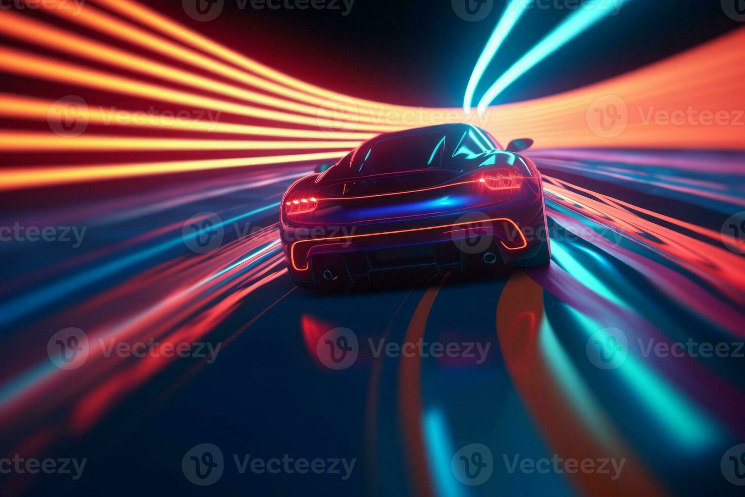 High speed Car on a racetrack, with a trail of neon lights following its path, symbolizing speed, performance, and a futuristic aesthetic. Generative AI photo