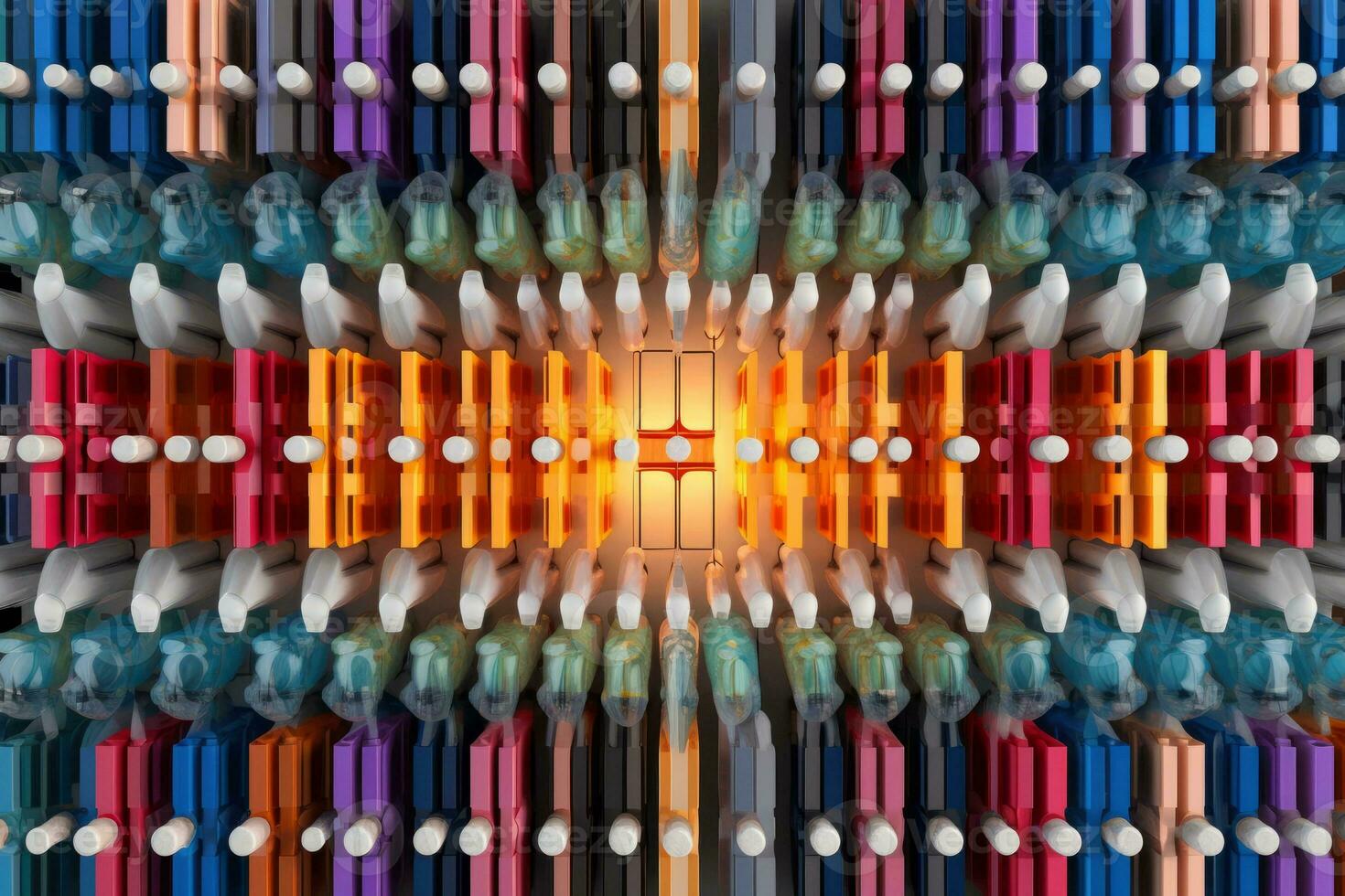 A composition of multiple vials filled with colorful vaccines, arranged in a symmetrical pattern, highlighting the efficiency and scale of production. Generative AI photo