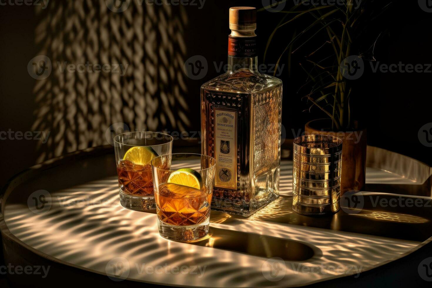 A creative shot of a tequila bottle and glass in a dramatic lighting setup, giving the impression of a high-end luxury product. Generative AI photo