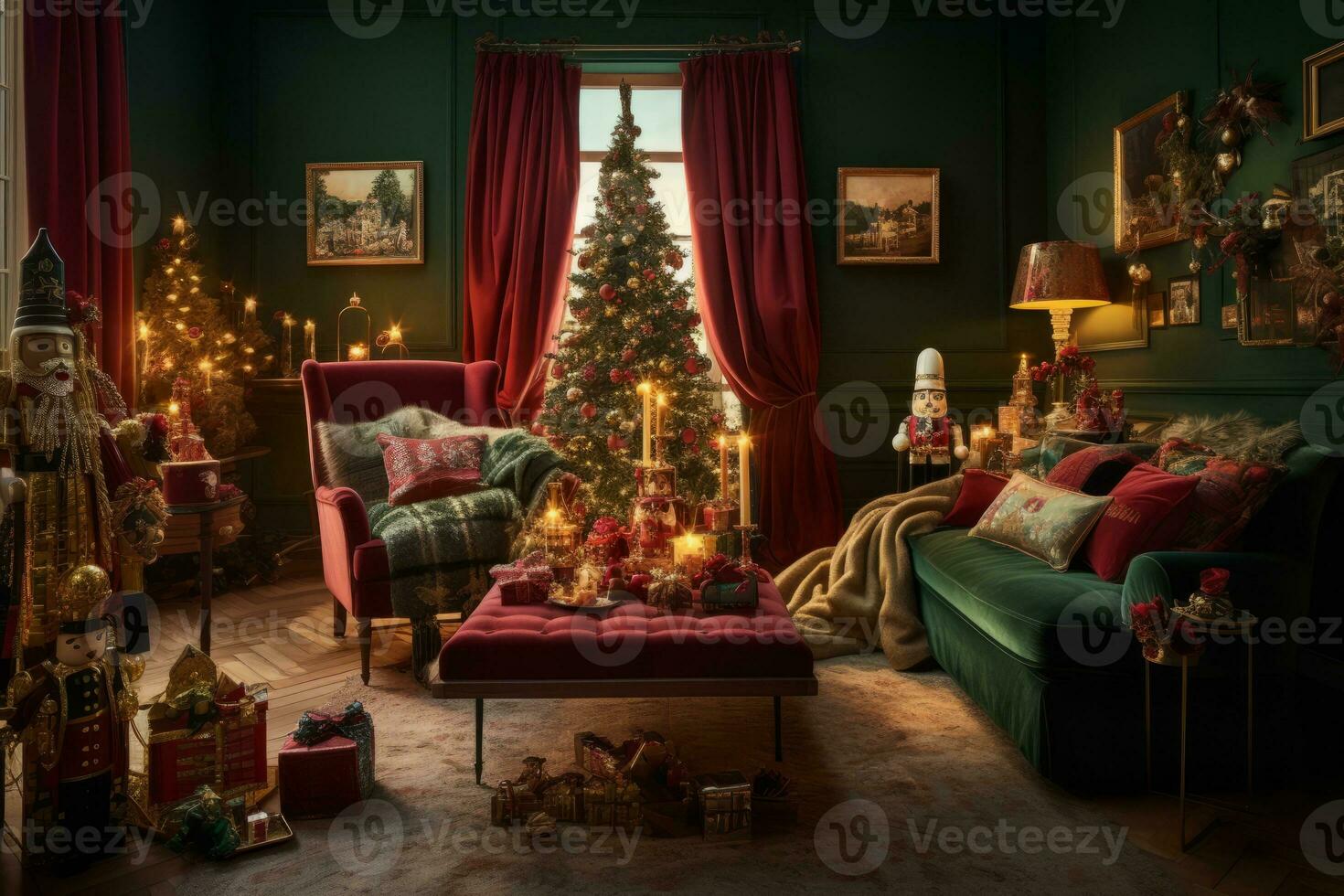 A cozy living room draped in plush fabrics in red and forest green with golden accents, a pile of presents wrapped in luxurious paper with ribbon cascading off the sides of a table. Generative AI photo