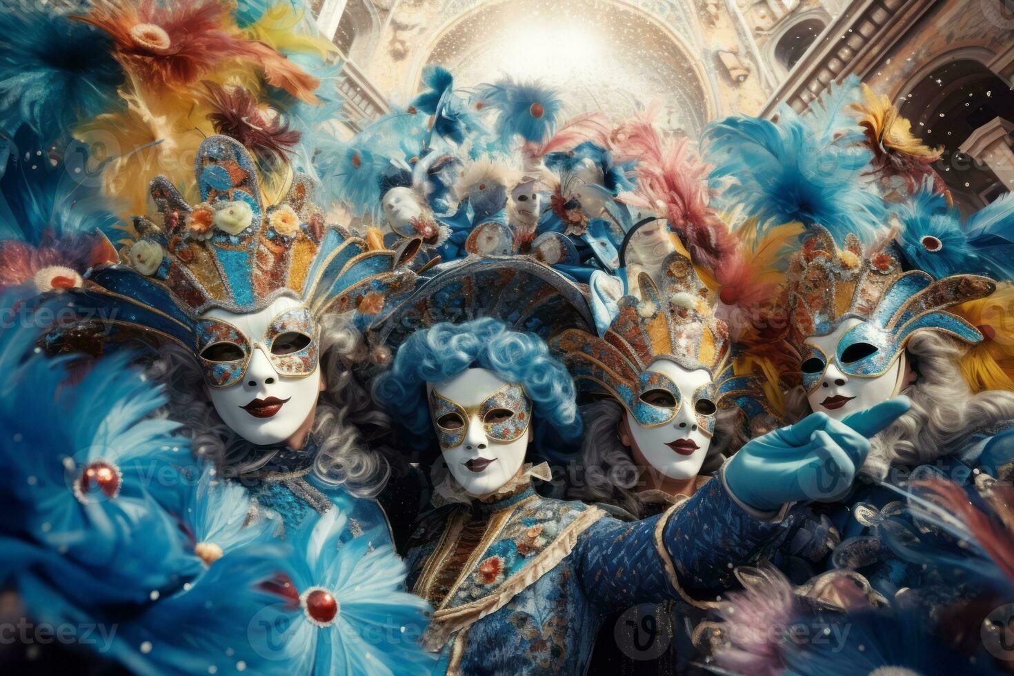 A group of people wearing Venetian Carnival Masks, engaging in a lively celebration, conveying the joy and festive atmosphere of the carnival. Generative Ai photo