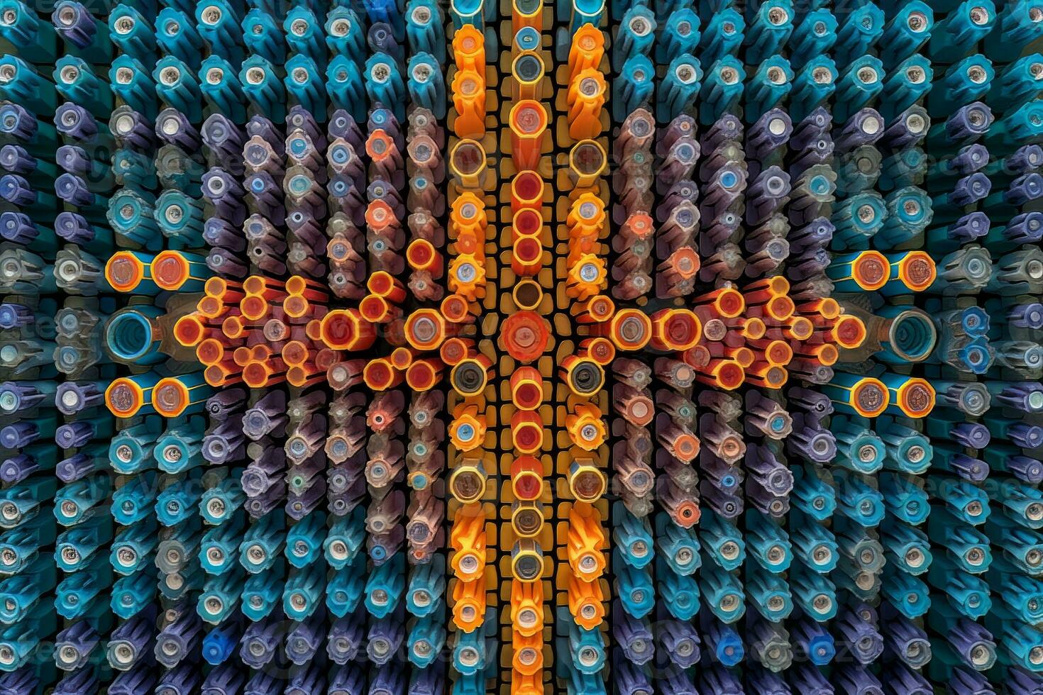 A composition of multiple vials filled with colorful vaccines, arranged in a symmetrical pattern, highlighting the efficiency and scale of production. Generative AI photo