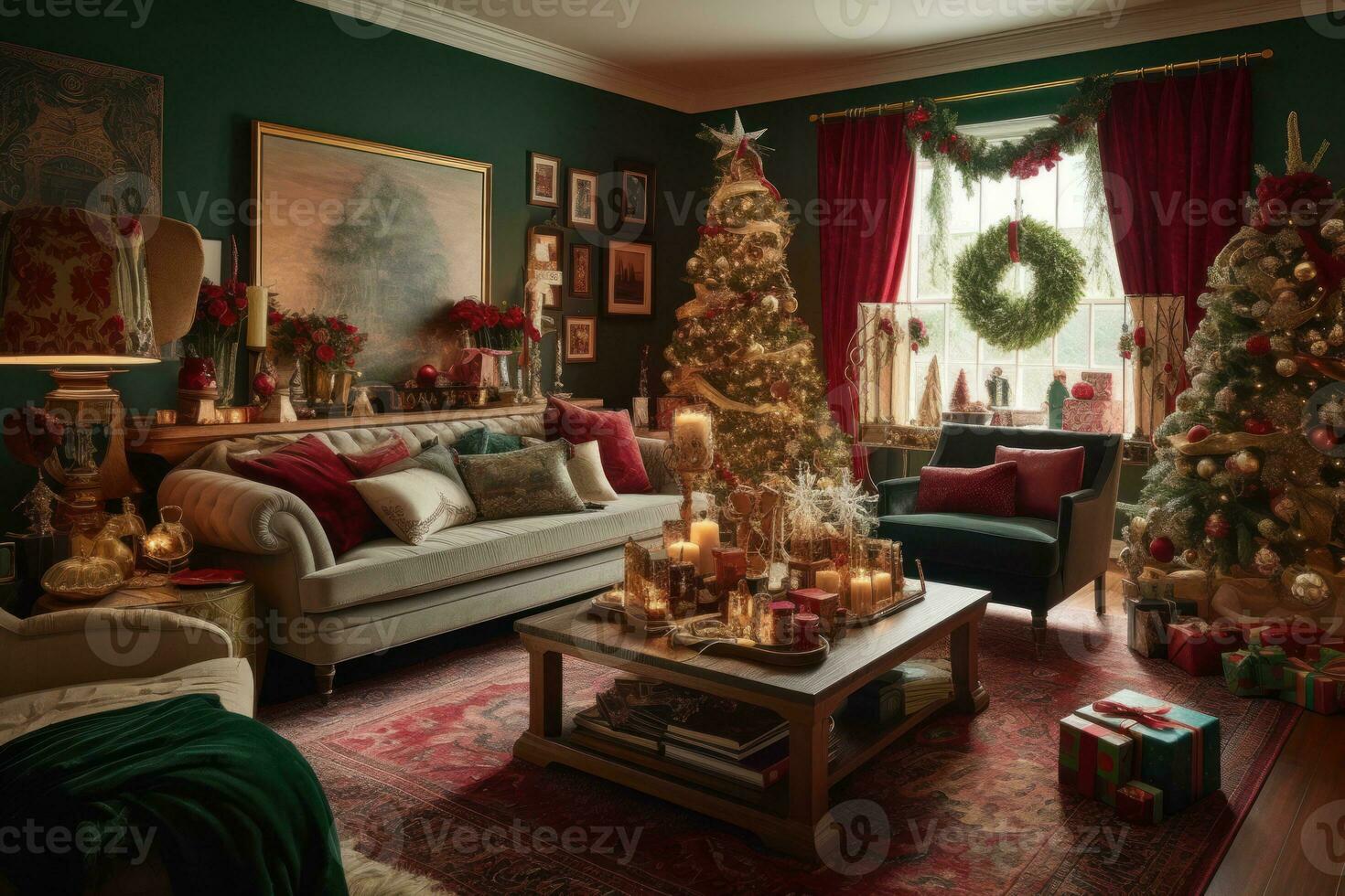 A cozy living room draped in plush fabrics in red and forest green with golden accents, a pile of presents wrapped in luxurious paper with ribbon cascading off the sides of a table. Generative AI photo