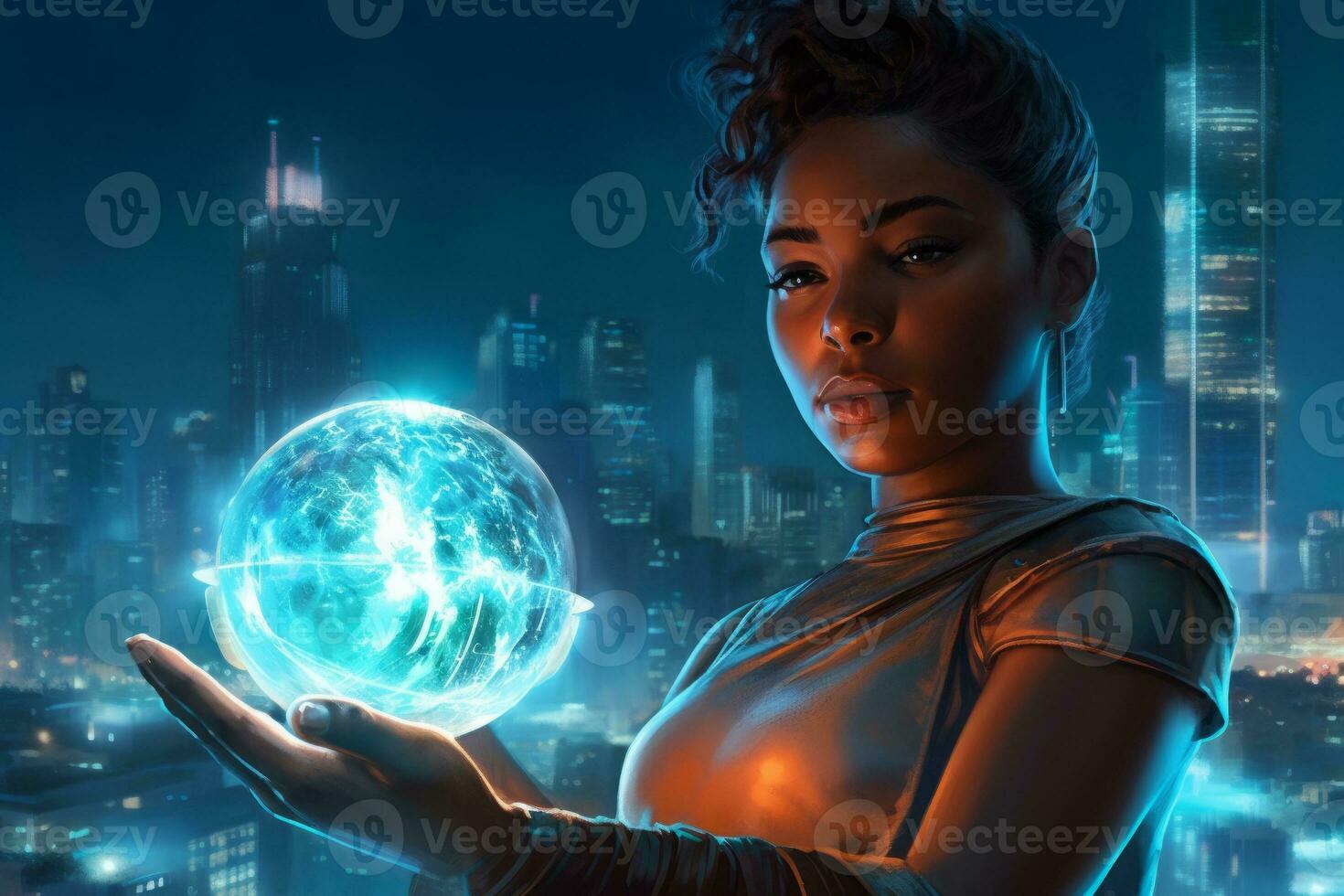 A cyborg woman holding a glowing orb in her hands, with a futuristic cityscape in the background. Generative AI photo