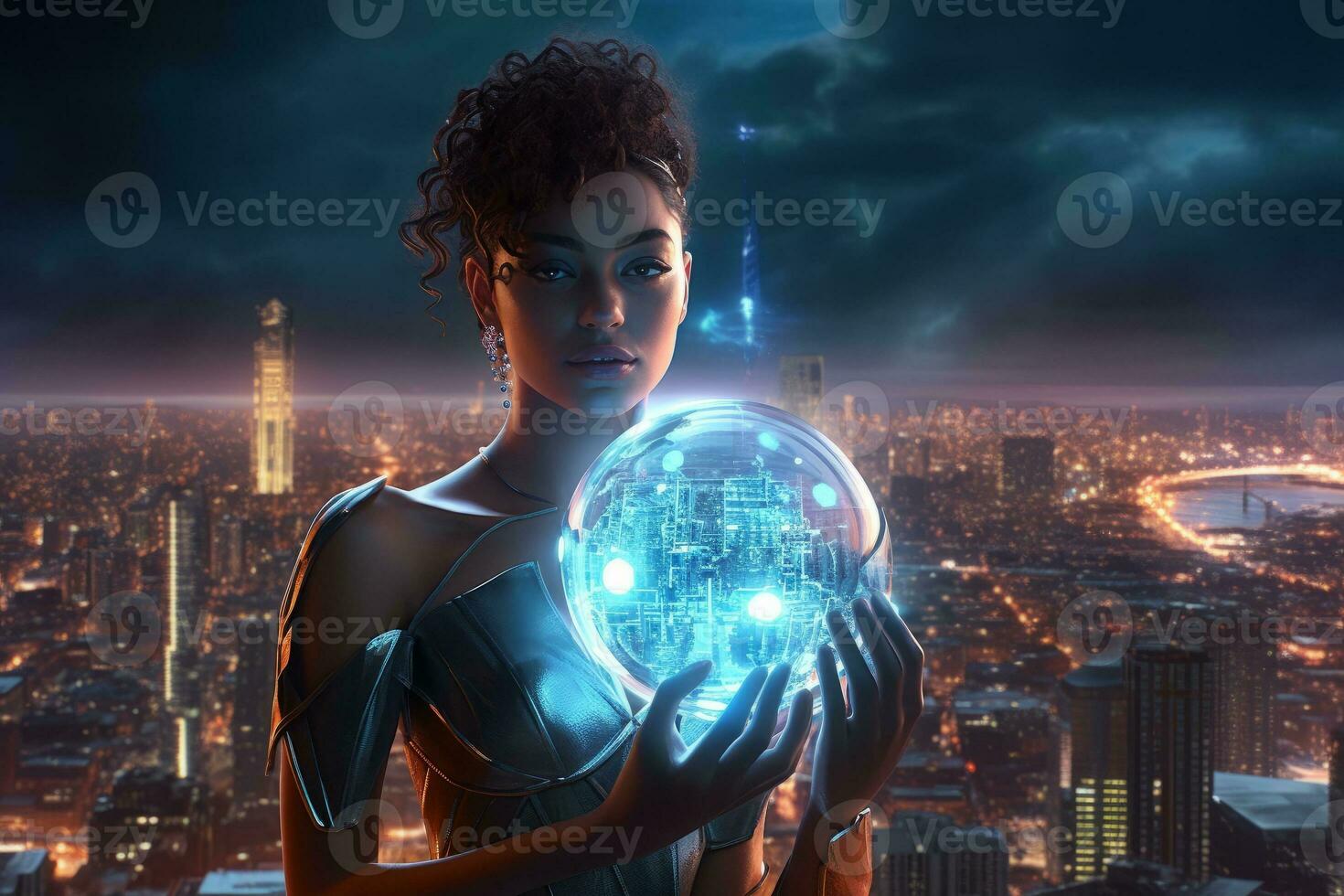 A cyborg woman holding a glowing orb in her hands, with a futuristic cityscape in the background. Generative AI photo