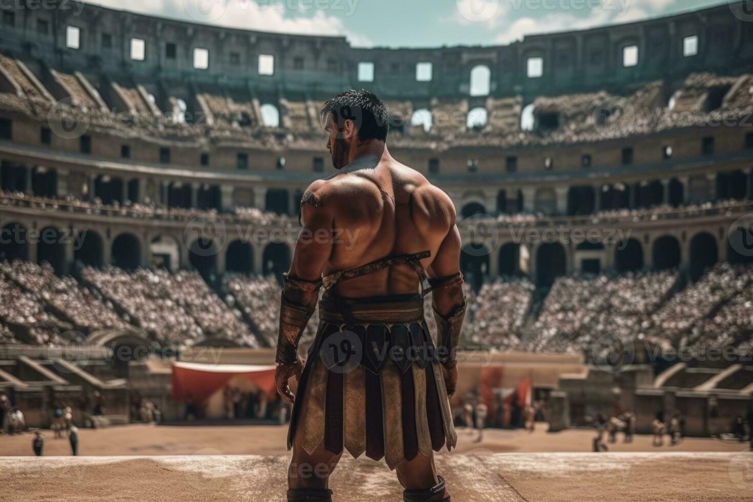 A dramatic shot of a gladiator in the Colosseum, showcasing the intensity and spectacle of Roman entertainment. Generative AI photo