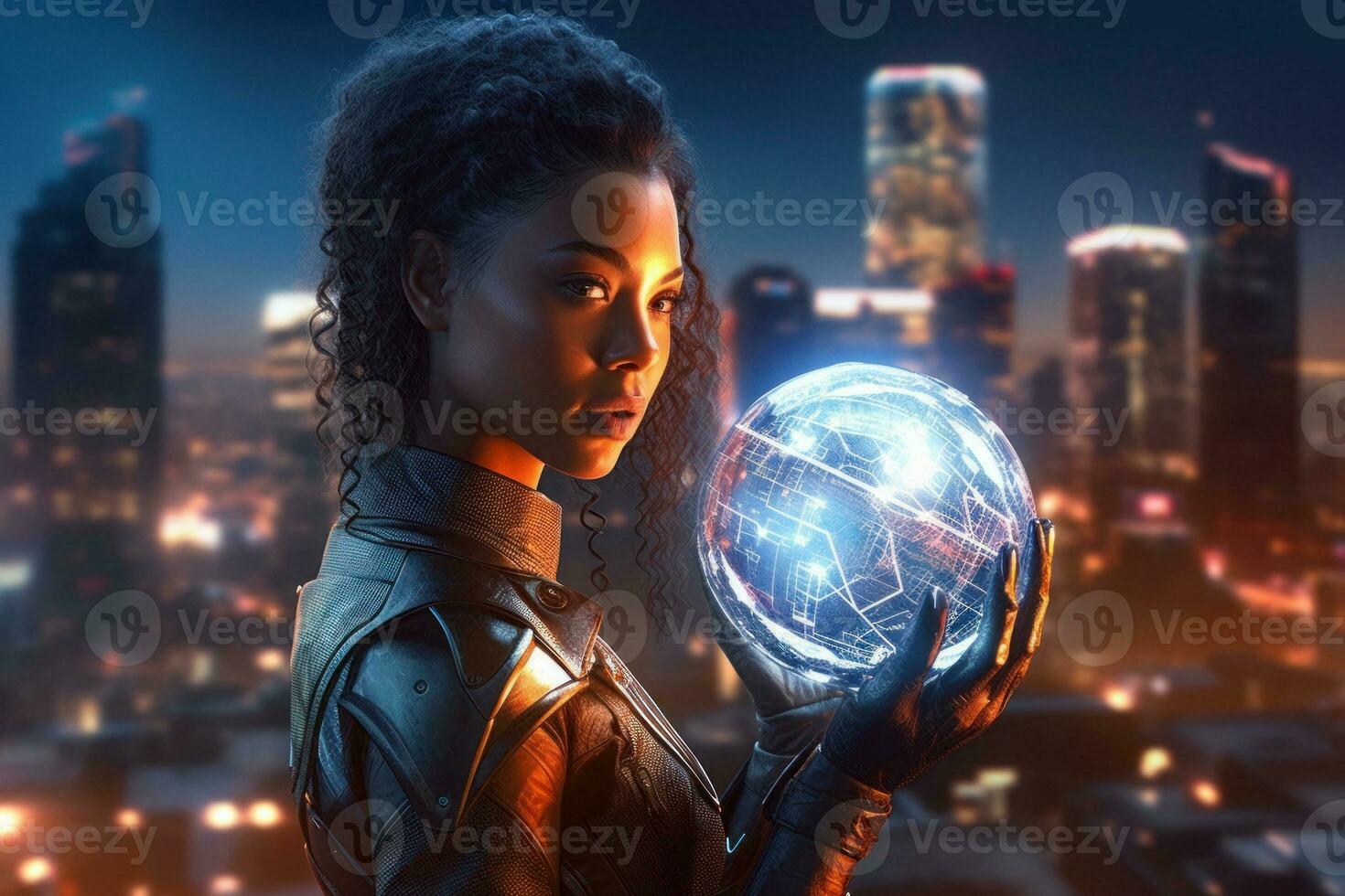 A cyborg woman holding a glowing orb in her hands, with a futuristic cityscape in the background. Generative AI photo