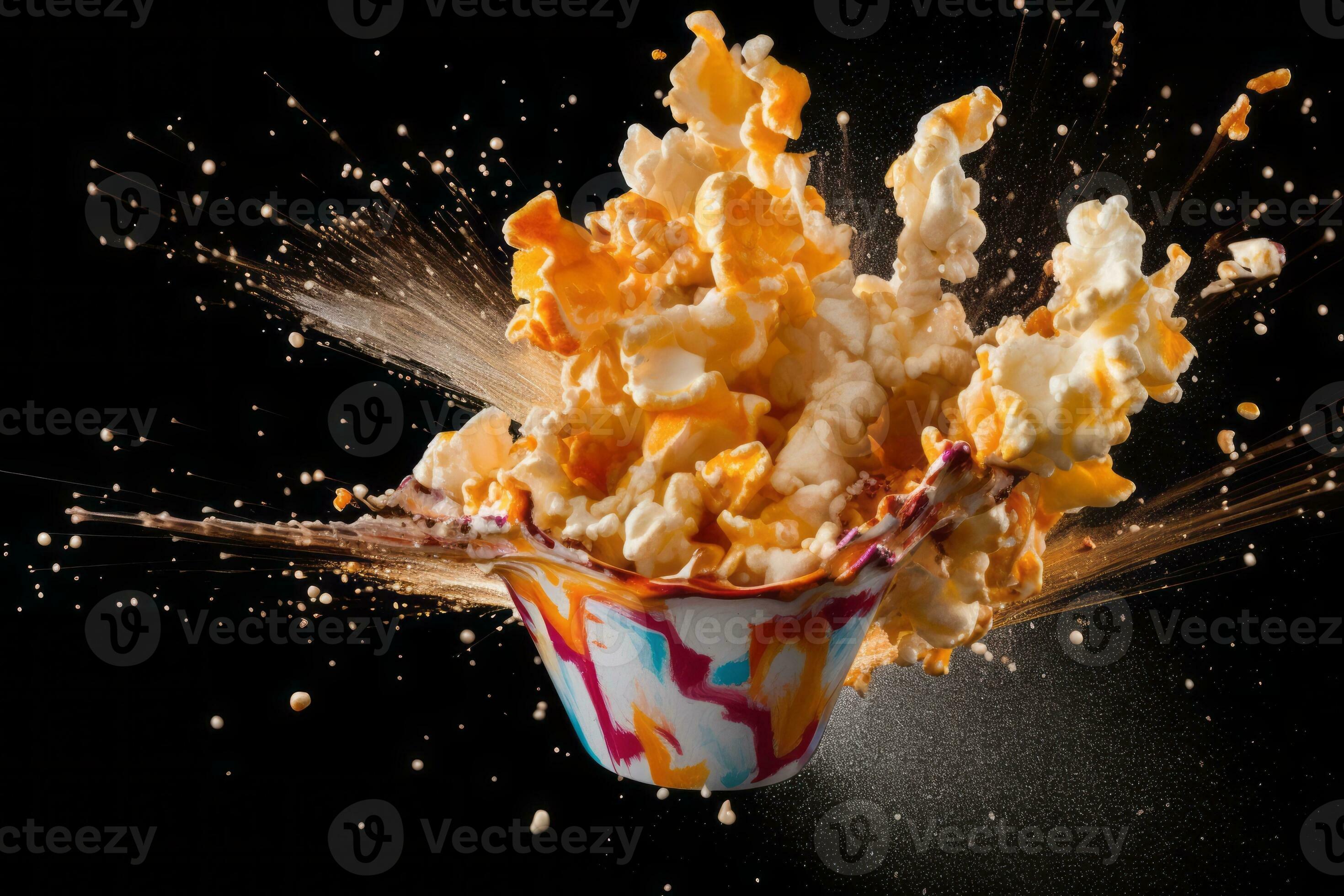 Image of popcorn being tossed into the air, with kernels forming a