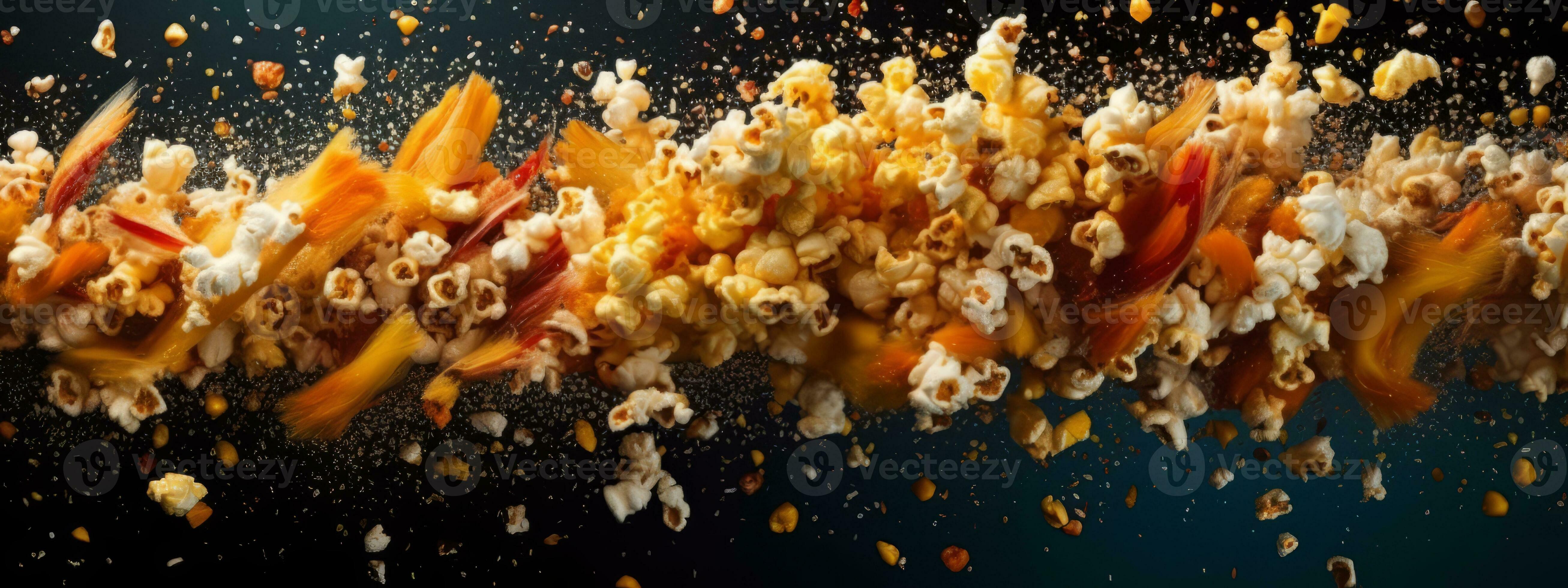 A dynamic image of popcorn being tossed into the air, with kernels