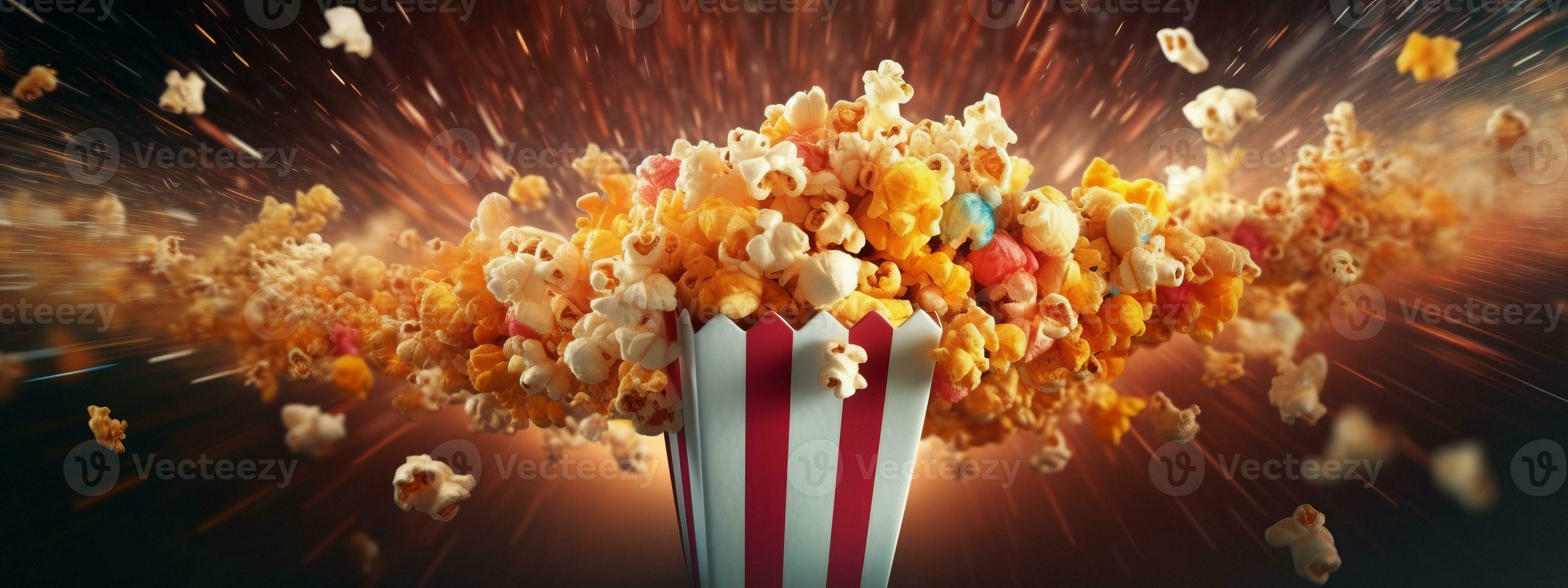 A dynamic image of popcorn being tossed into the air, with kernels