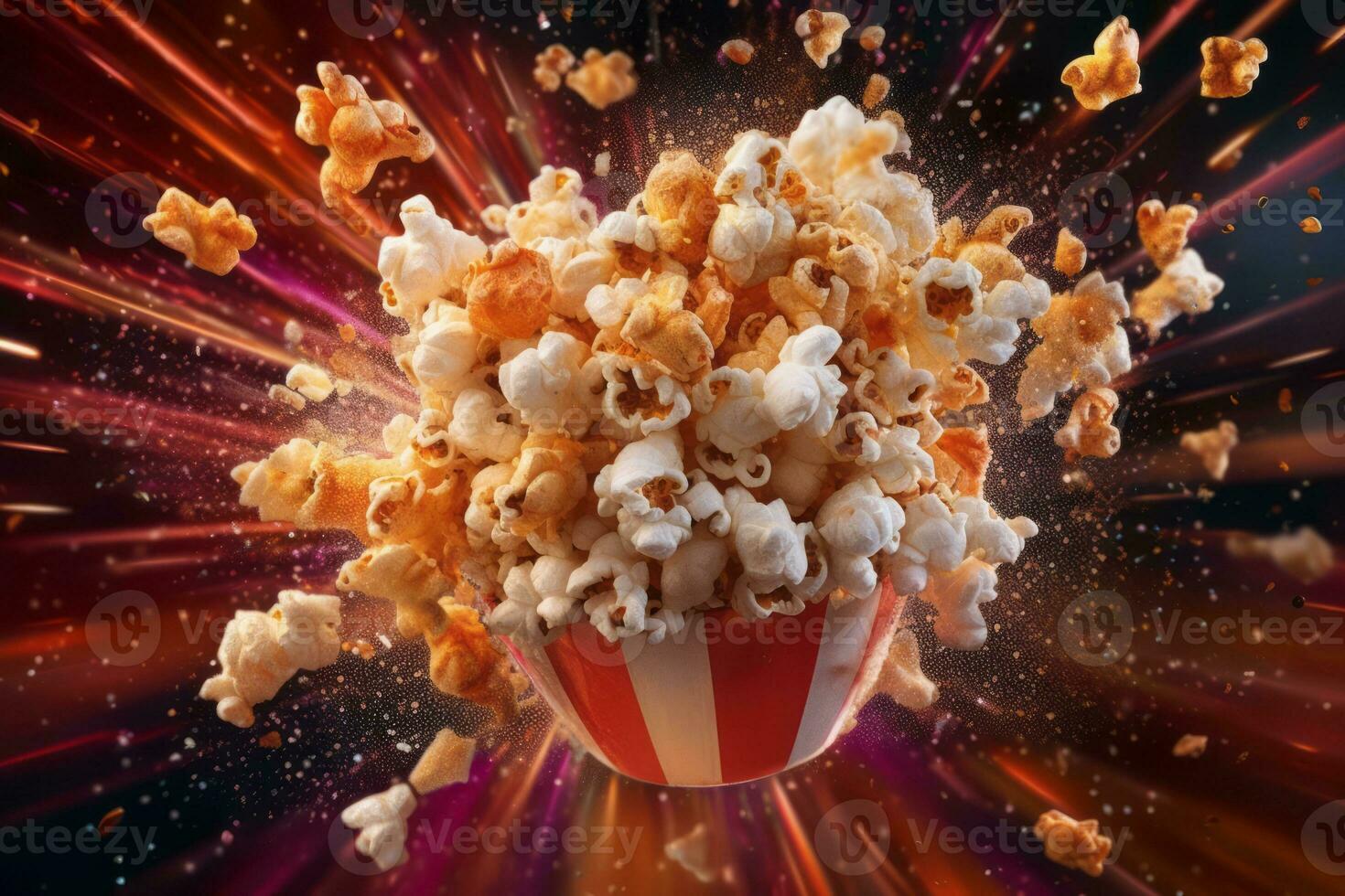 Image of popcorn being tossed into the air, with kernels forming a popcorn explosion, accompanied by vibrant colors and motion trails. Generative AI photo