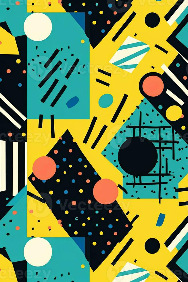 A geometric pattern background in vibrant colors, inspired by the iconic Memphis design style of the 80s, perfect for adding a retro touch to any design. Generative AI photo
