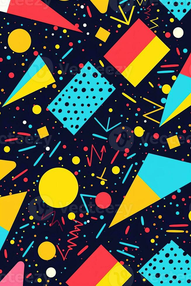 A geometric pattern background in vibrant colors, inspired by the iconic Memphis design style of the 80s, perfect for adding a retro touch to any design. Generative AI photo