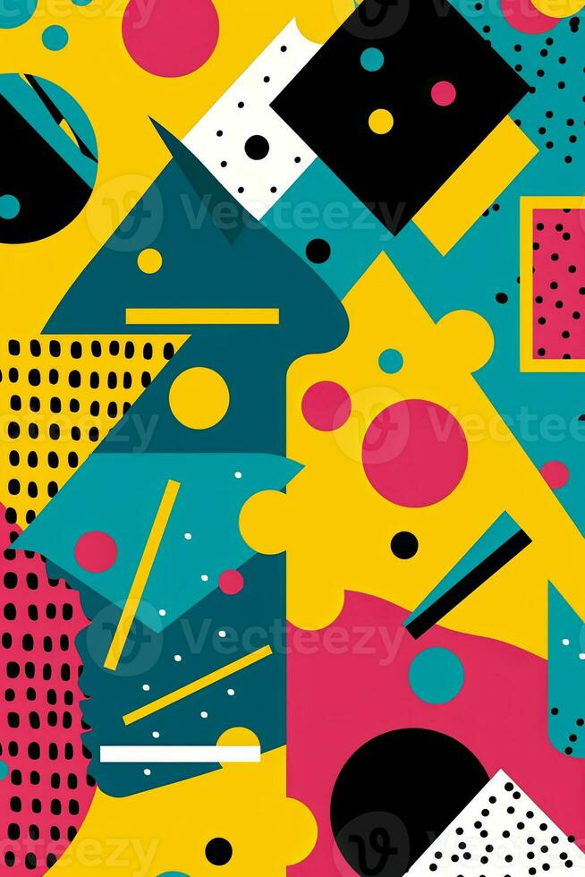 A geometric pattern background in vibrant colors, inspired by the iconic Memphis design style of the 80s, perfect for adding a retro touch to any design. Generative AI photo