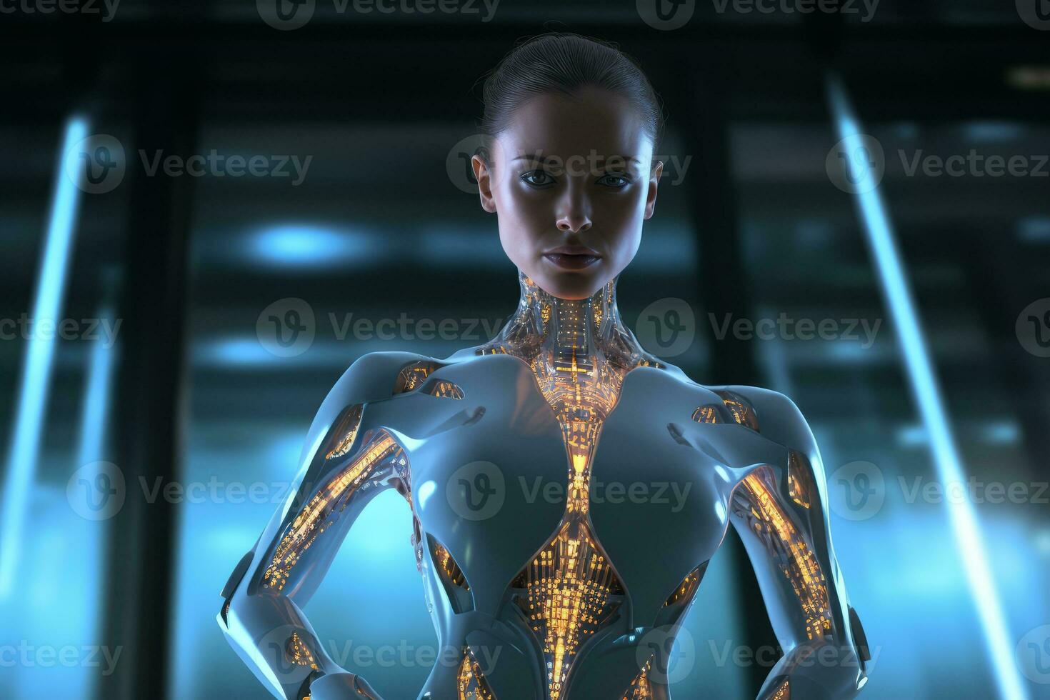 A shot of an attractive female android with bioluminescent silicone. Generative AI photo