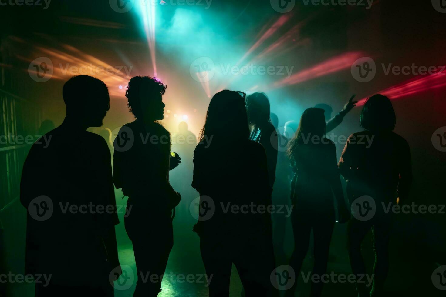A group of young people dancing in a foggy and atmospheric club setting, surrounded by colorful lights and laser beams. Generative AI photo