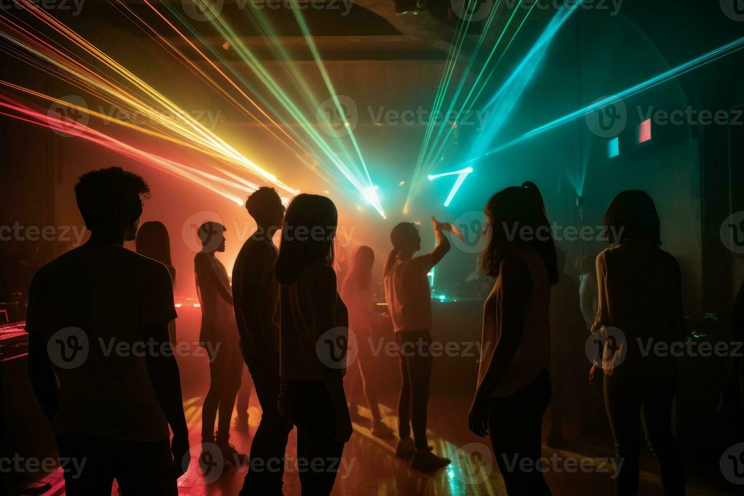 A group of young people dancing in a foggy and atmospheric club setting, surrounded by colorful lights and laser beams. Generative AI photo