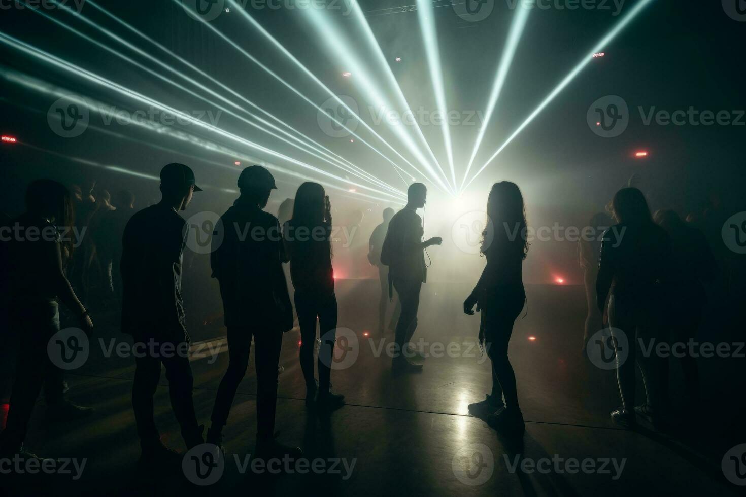 A group of young people dancing in a foggy and atmospheric club setting, surrounded by colorful lights and laser beams. Generative AI photo