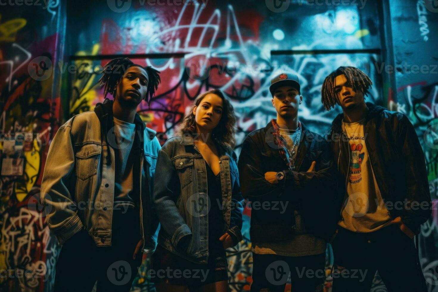 A group of young people posing in front of a neon-lit wall, decorated with colorful graffiti and street art. The image should convey a sense of urban style and creativity. Generative AI photo