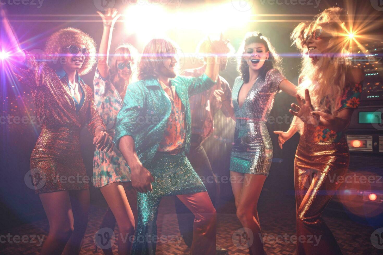 A group of young people dressed in retro disco outfits, dancing and grooving to a funky beat on a glittering dance floor, surrounded by flashing lights and disco balls. Generative AI photo