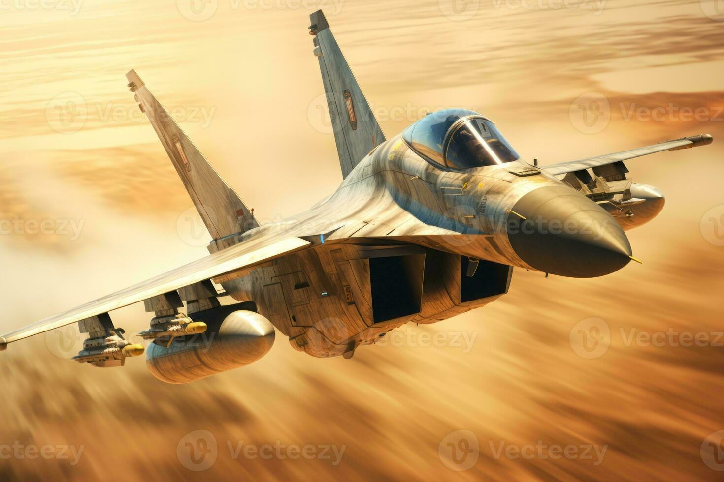 Fighter jet soaring through the sky at high speed, with the afterburners ignited, showcasing its raw power and agility. Generative AI photo