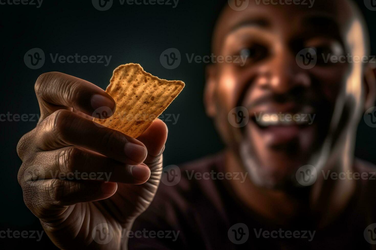 A lifestyle shot featuring a person holding a chip in their hand, about to take a bite. The focus is on the person's facial expression and the chip. Concept enjoyment and satisfaction. Generative AI photo