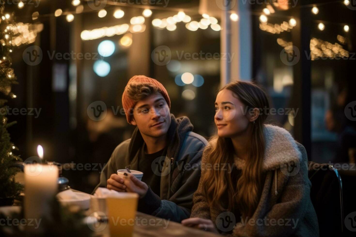 A laid-back couple, sitting under string lights eating avocado toast and smoothies. Concept nostalgic, grammable millennial moment. Generative AI photo