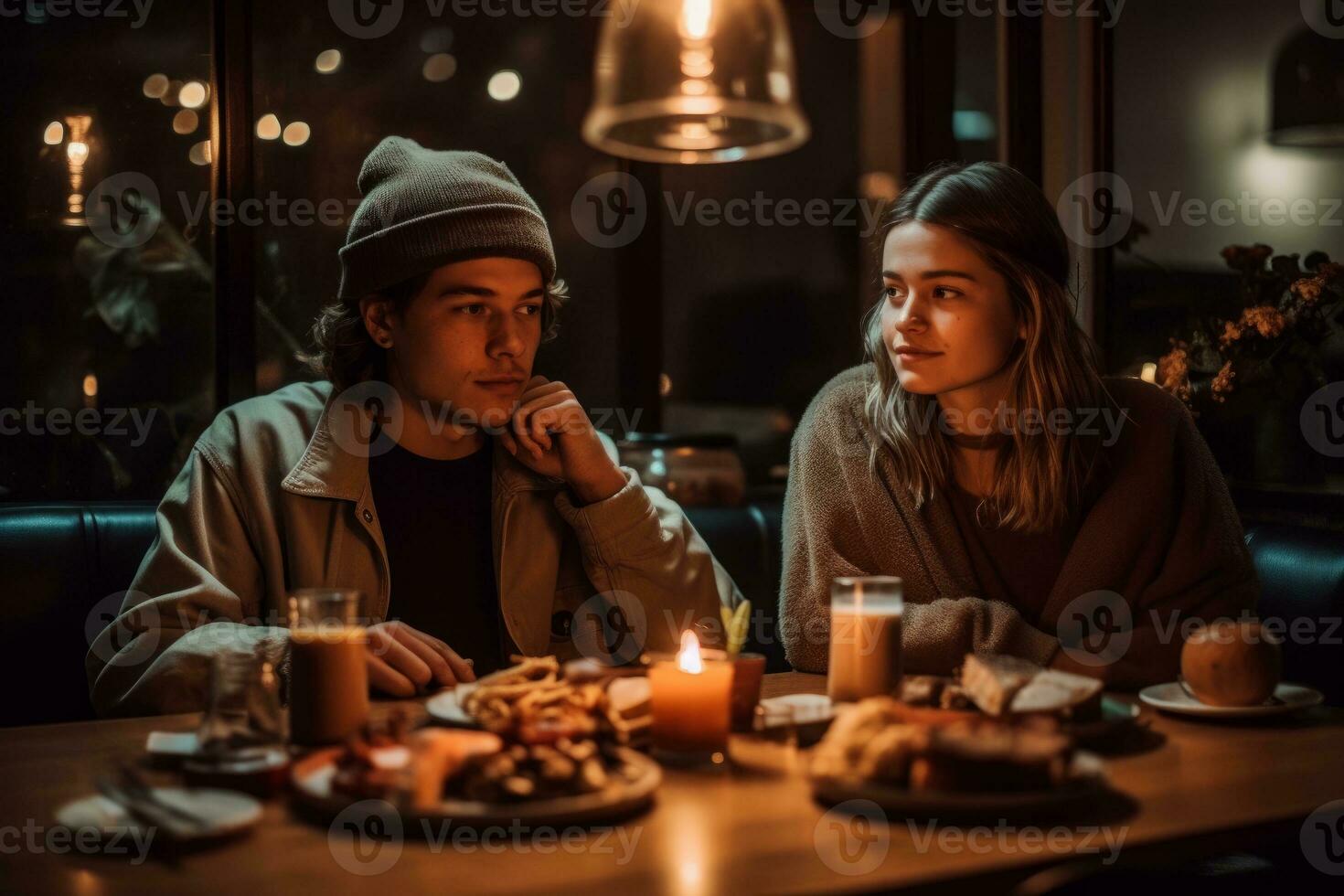 A laid-back couple, sitting under string lights eating avocado toast and smoothies. Concept nostalgic, grammable millennial moment. Generative AI photo