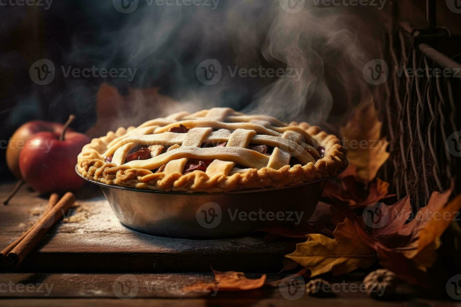 Freshly baked Thanksgiving pie, with a lattice crust and steam rising from the filling. The scene set in a cozy kitchen , with fall foliage and other seasonal elements. Generative AI photo