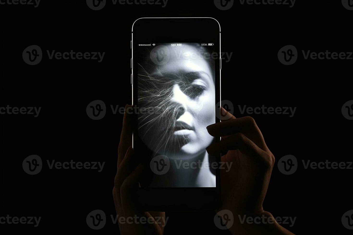 A person's face being consumed by the light of a smartphone screen, as if being sucked into the device. Generative AI photo
