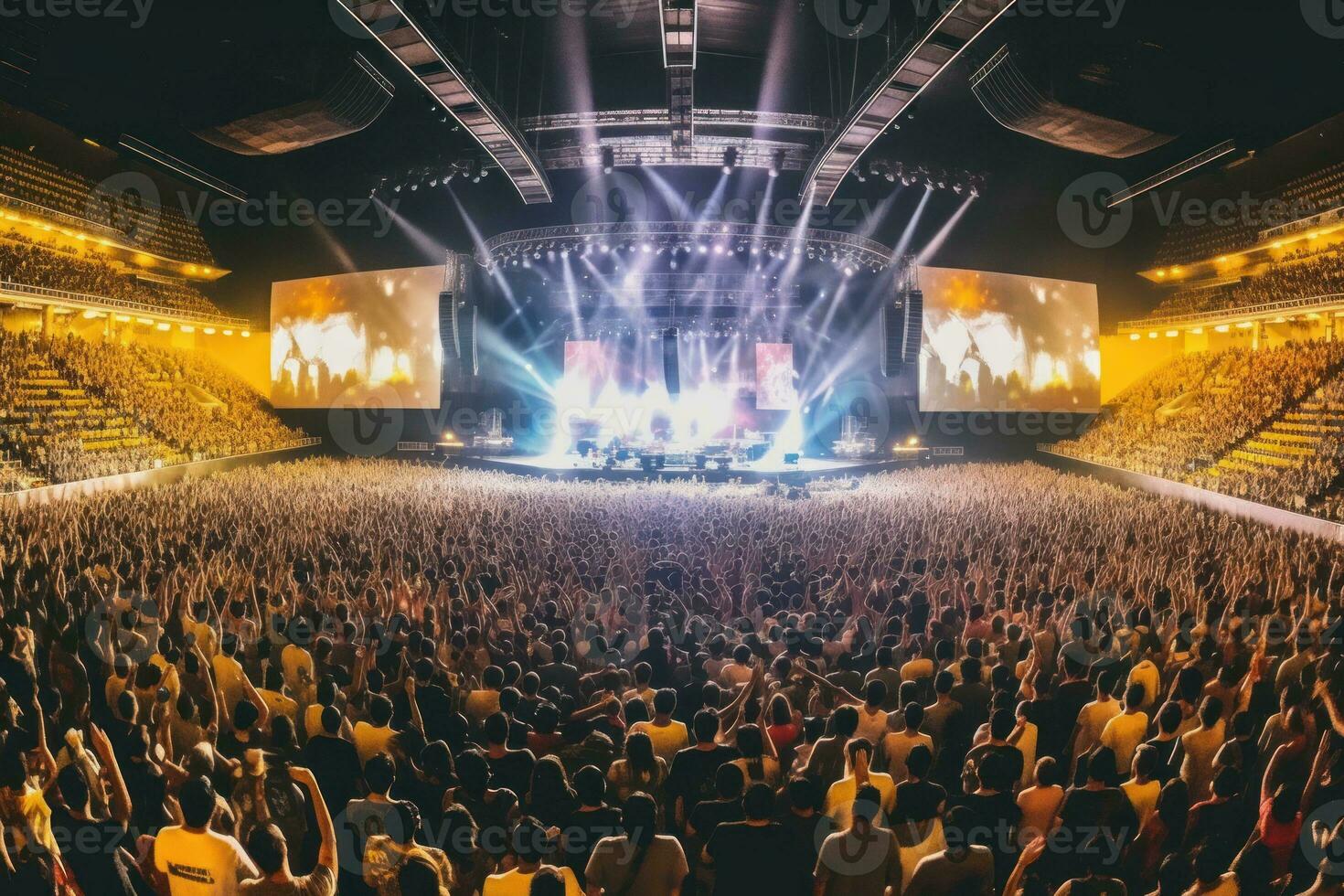 A panoramic shot of a large concert stage with the band playing to a massive audience. Generative AI photo