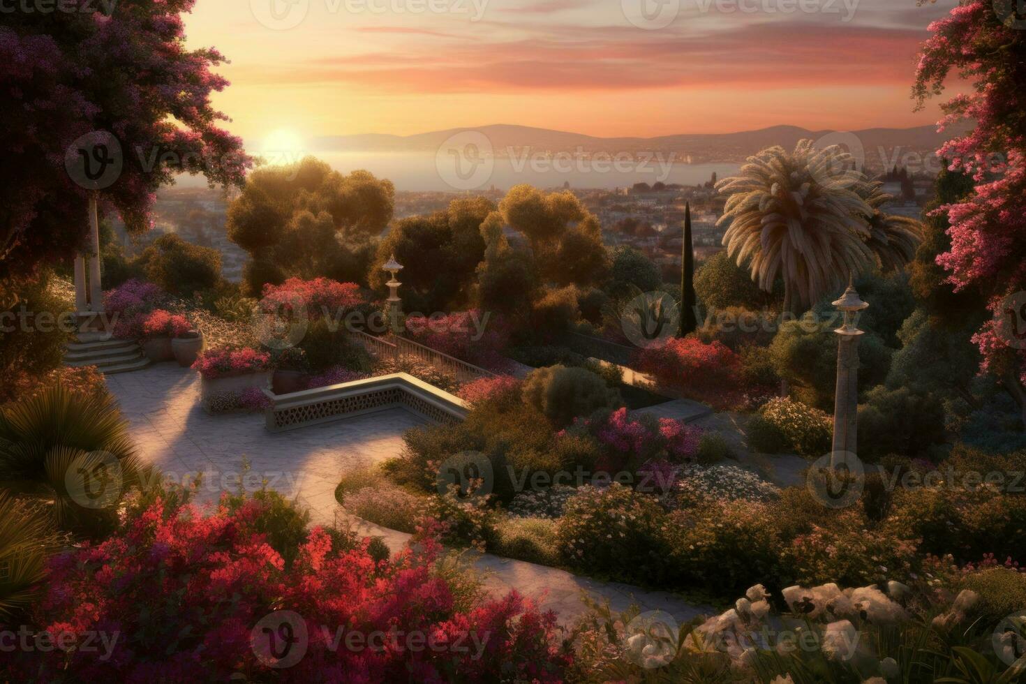 A panoramic view of a buganvillea garden with a sunset in the background, creating a calming and serene atmosphere. Generative AI photo