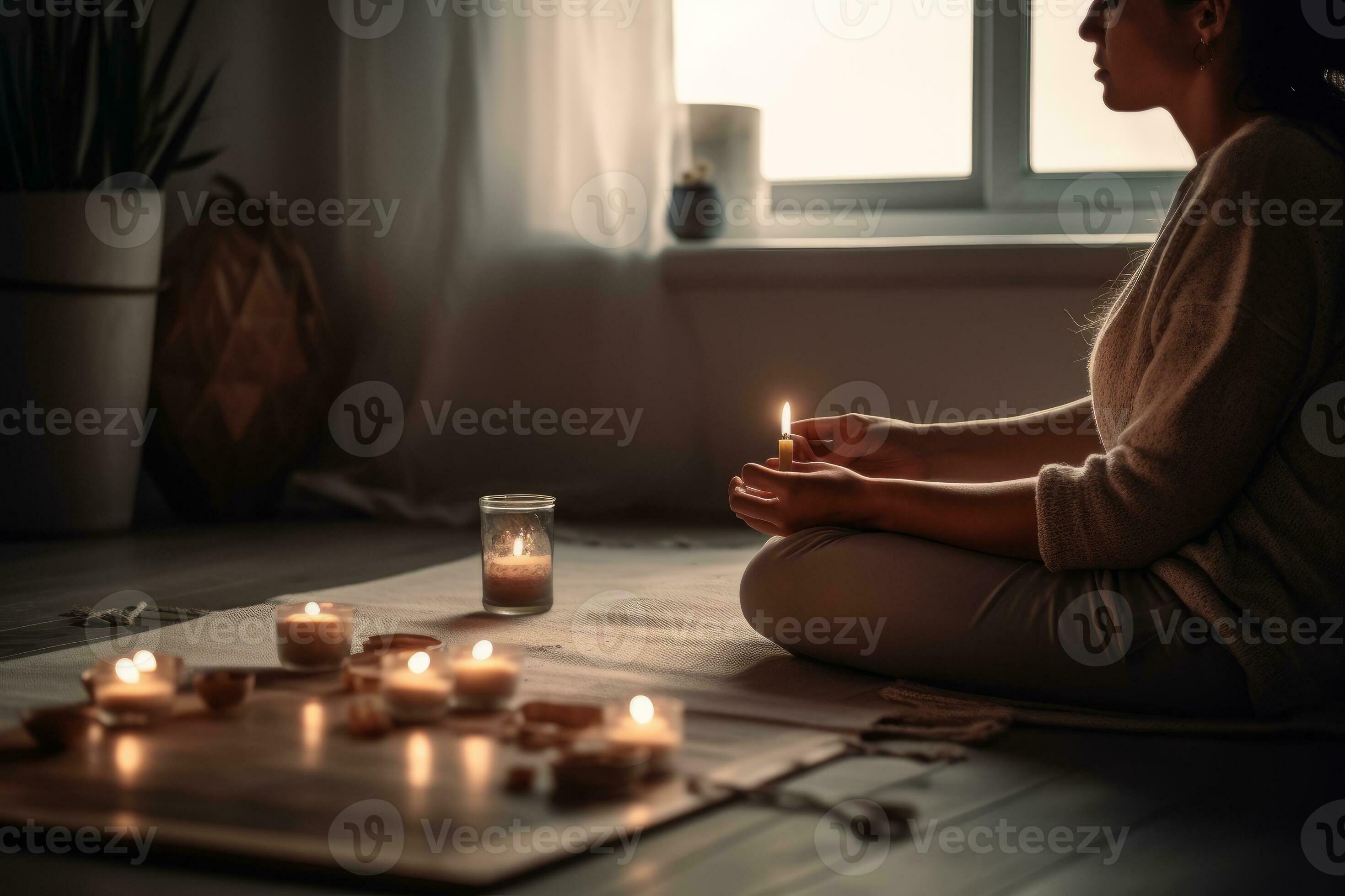A person meditating in a cozy and minimalist home setting, with candles, incense, and