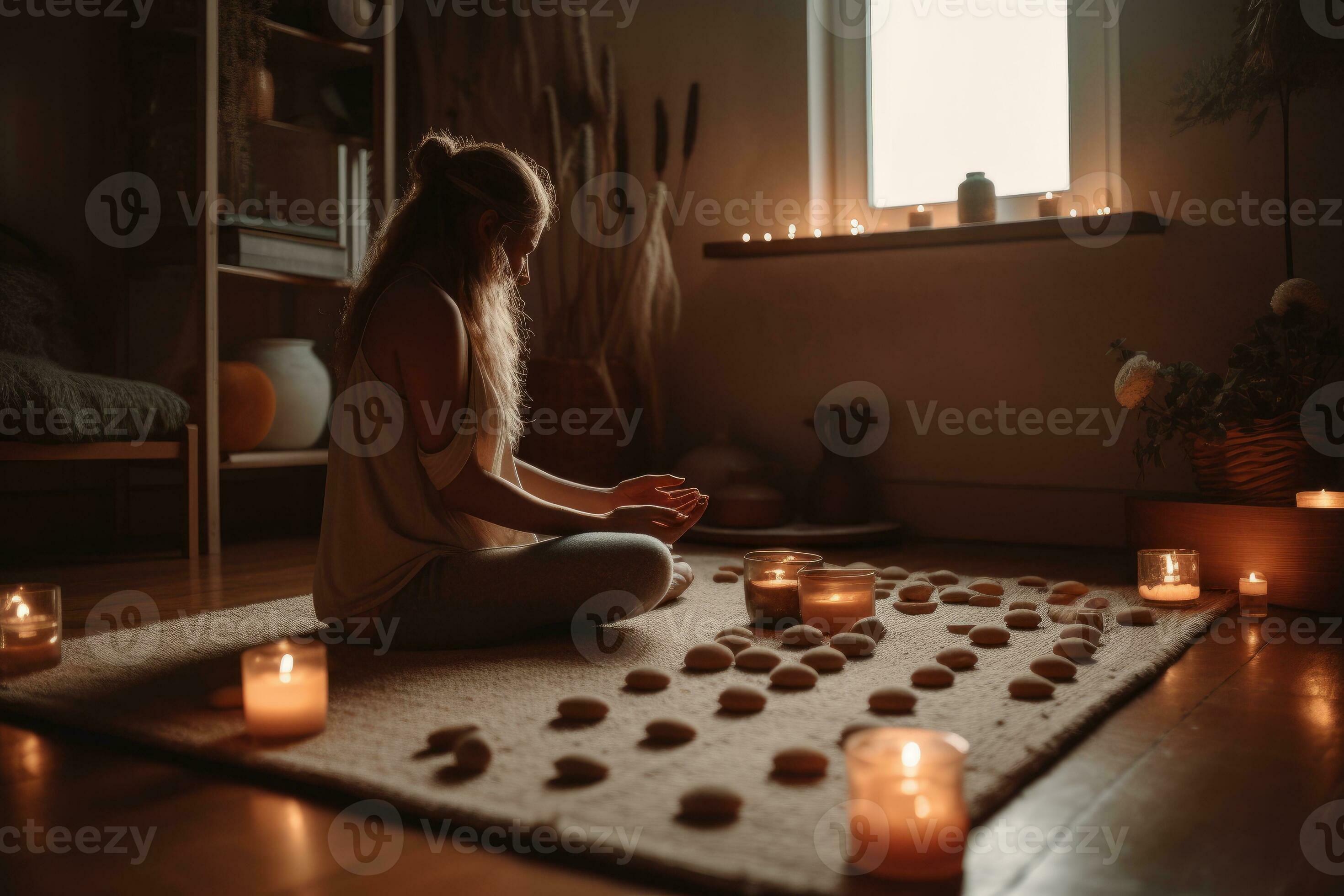 A person meditating in a cozy and minimalist home setting, with candles, incense, and