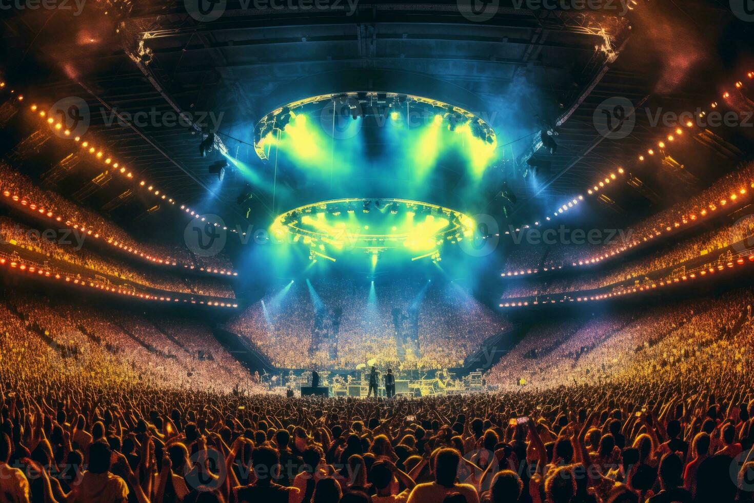 A panoramic shot of a large concert stage with the band playing to a massive audience. Generative AI photo