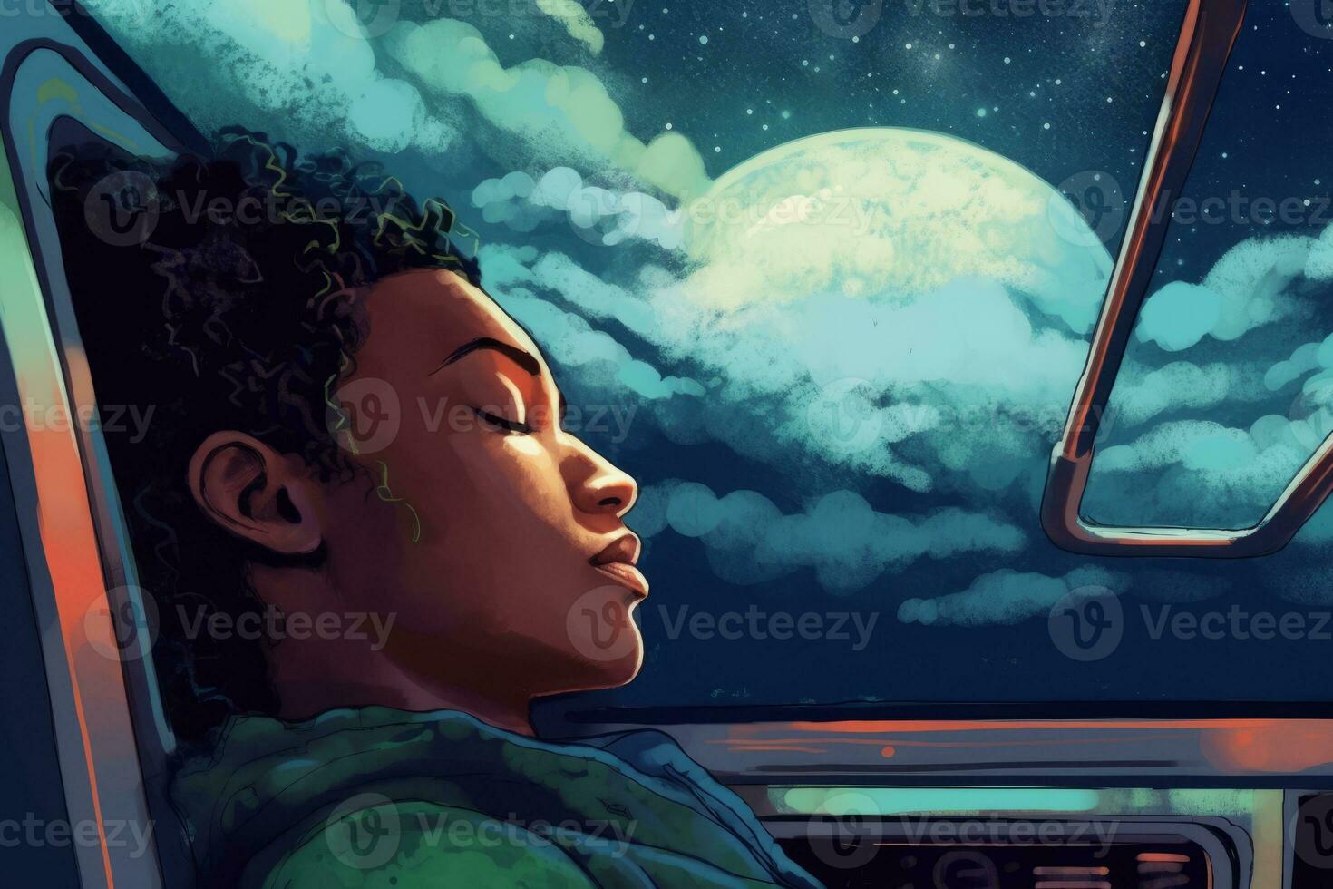 Person sleeping on a subway train, with a thought bubble above their head showing a vivid dream. The message is about the strange and surreal things that can happen in the city. Generative AI photo