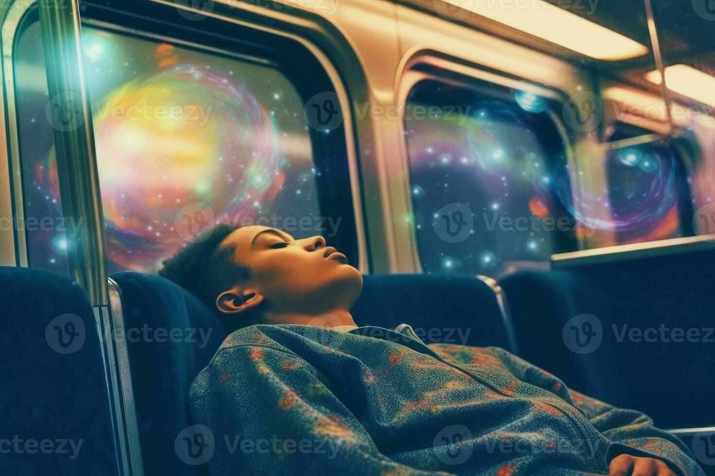 persona dormido en un subterraneo tren, con un pensamiento burbuja encima su cabeza demostración un vívido sueño. el mensaje es acerca de el extraño y surrealista cosas ese lata ocurrir en el ciudad. generativo ai foto
