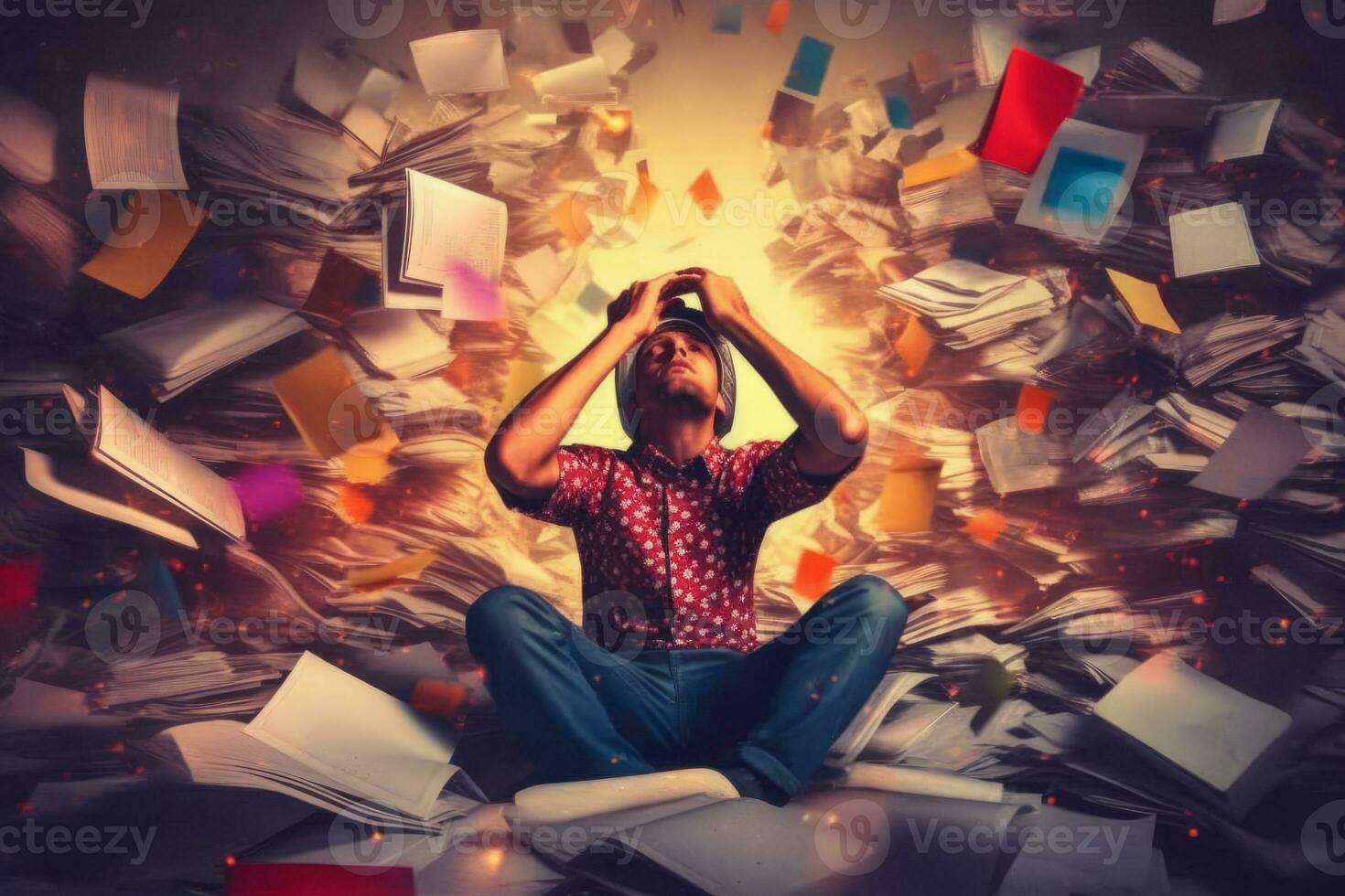 A person sitting in front of a pile of tax documents, holding their head in frustration, representing the stress and overwhelm of tax season. Generative AI photo