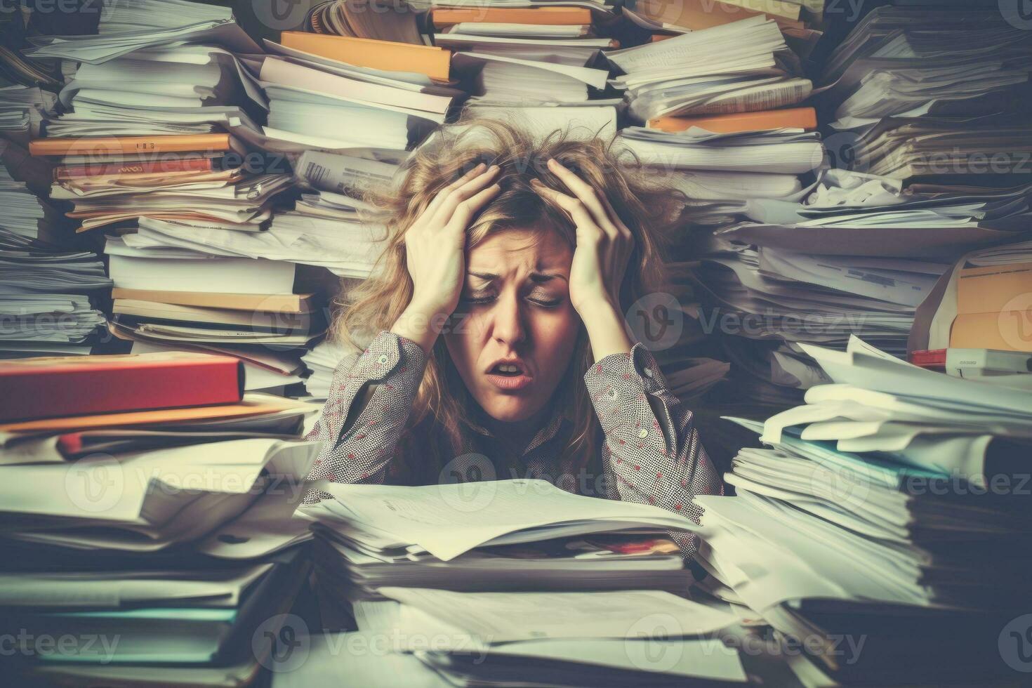 A person sitting in front of a pile of tax documents, holding their head in frustration, representing the stress and overwhelm of tax season. Generative AI photo
