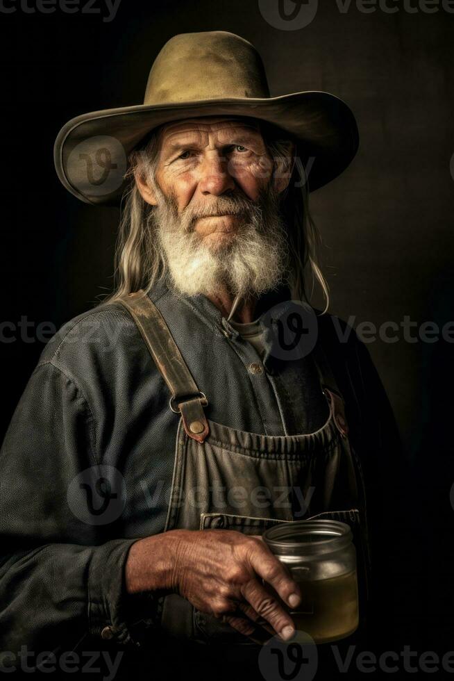 A portrait of a seasoned moonshiner, wearing a weathered hat and holding a jug of moonshine, representing the expertise and tradition passed down through generations. Generative Ai photo