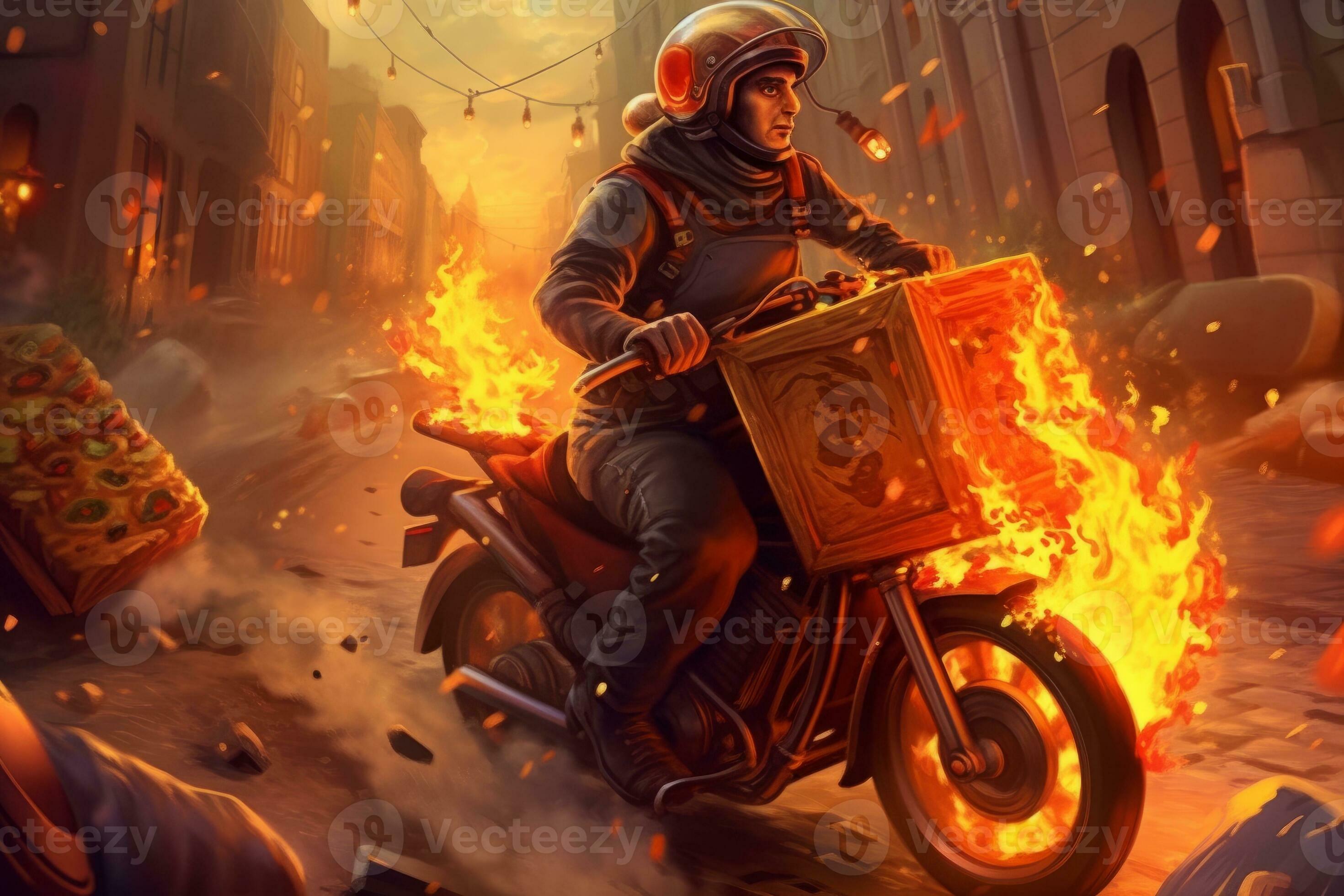 A pizza delivery guy riding a motorcycle with a giant pizza box