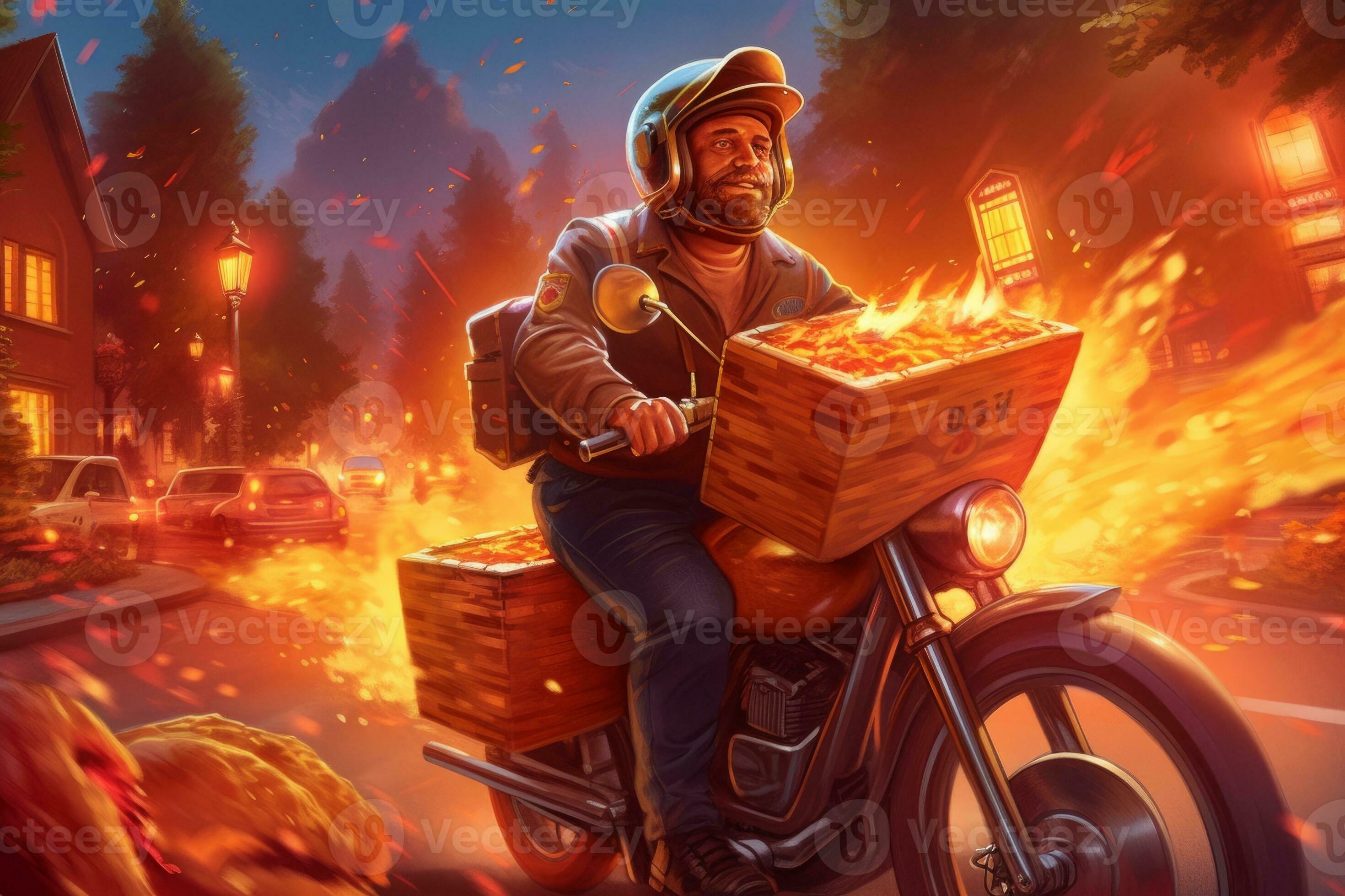 A pizza delivery guy riding a motorcycle with a giant pizza box