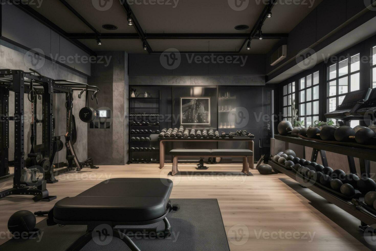 A pristine home gym with gleaming silver weight benches dumbbells an elliptical machine and punching bag against a background of designer sports bottles. Generative AI. 31548365 Stock Photo at Vecteez...