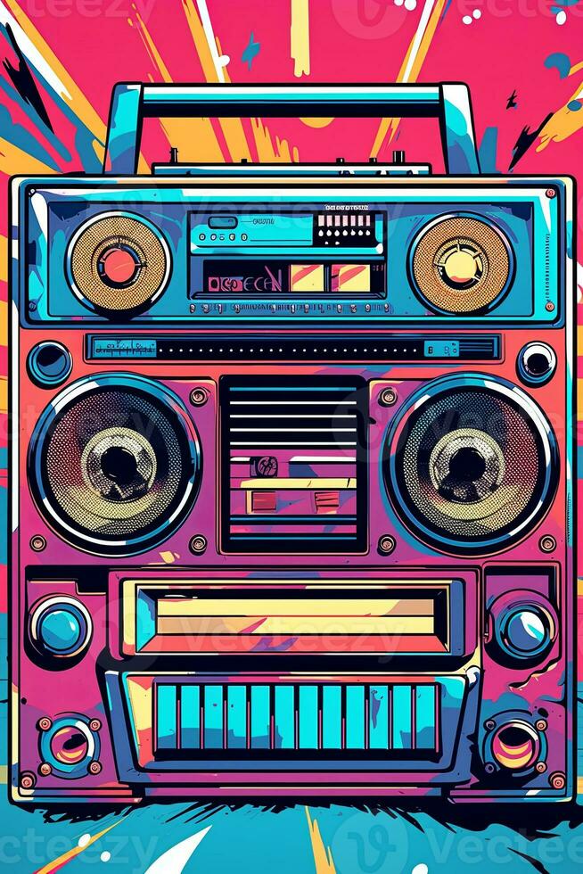 A retro-inspired poster , illustration of a boombox or cassette player with vibrant patterns and colors, symbolizing the music and fashion of the era. Generative AI photo