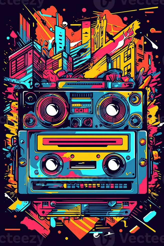 A retro-inspired poster , illustration of a boombox or cassette player with vibrant patterns and colors, symbolizing the music and fashion of the era. Generative AI photo